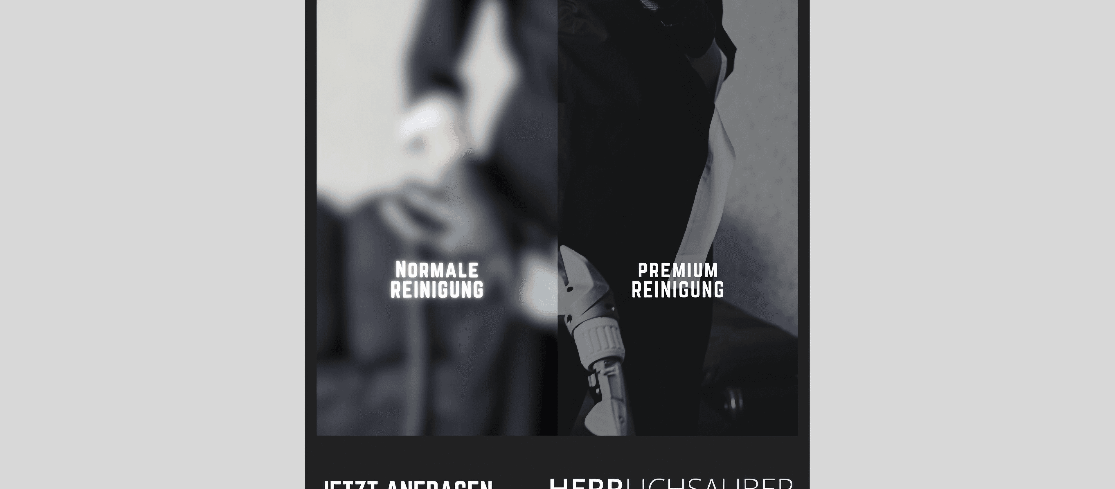 Flyer mit geteiltem Bild: links Normale Reinigung, rechts Premium Reinigung, darunter der Hinweis Jetzt anfragen