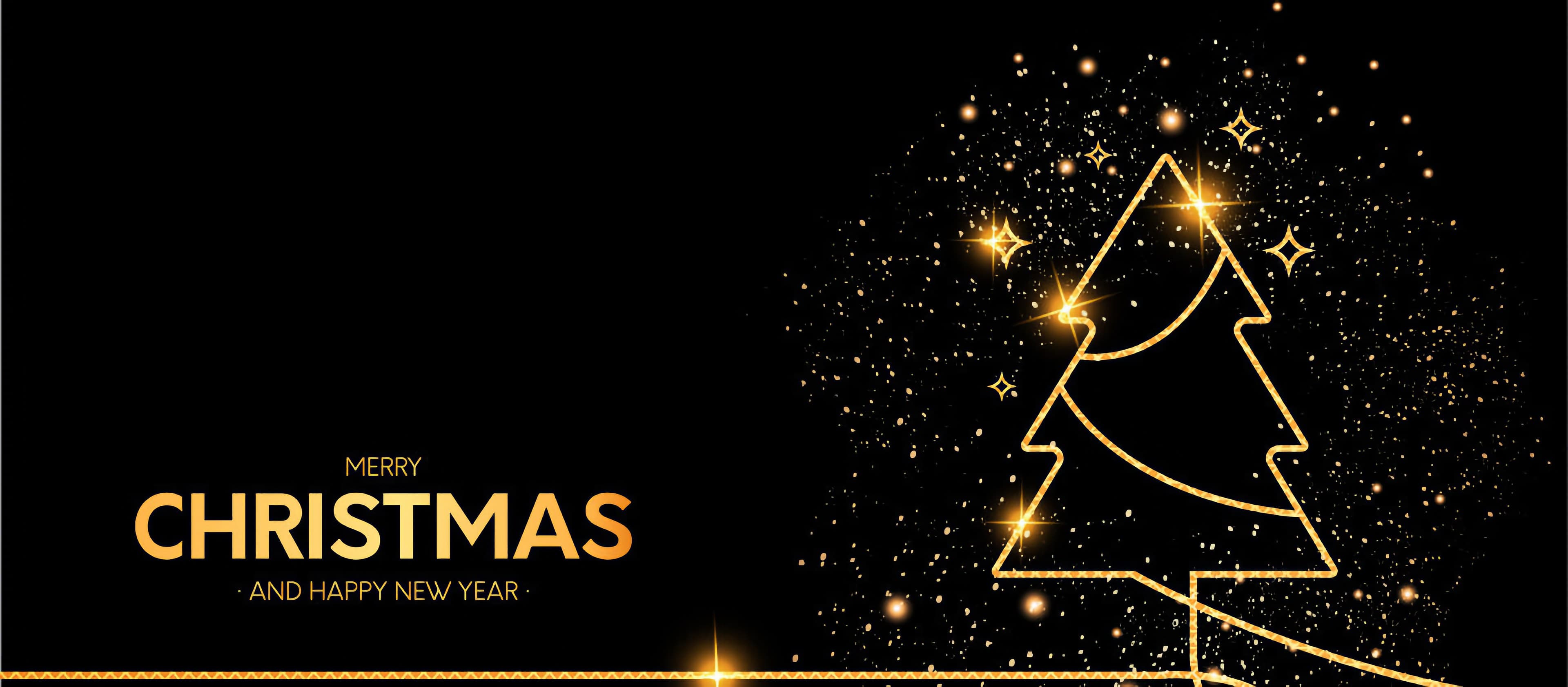 Schwarze Grußgrafik mit goldenem Tannenbaum und dem Schriftzug Merry Christmas