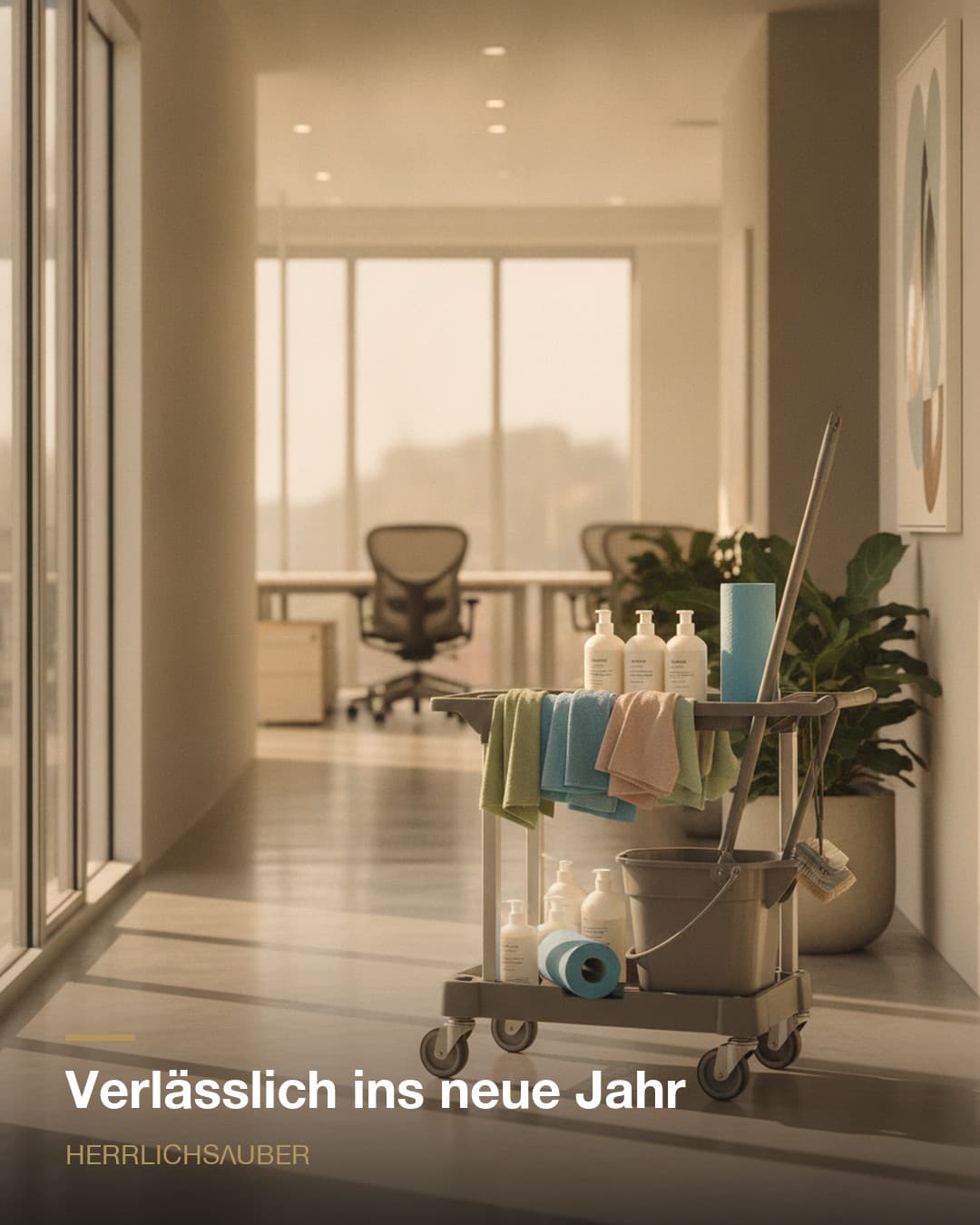 Reinigungswagen mit frischen Tüchern in einem hellen Bürogang