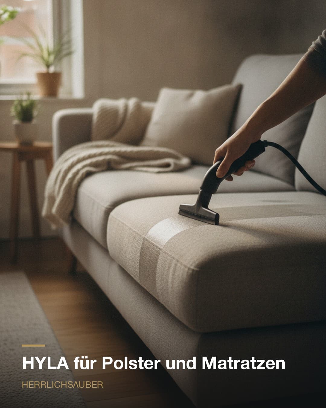 Polsterdüse des HYLA-Wasserstaubsaugers auf einem hellgrauen Sofakissen
