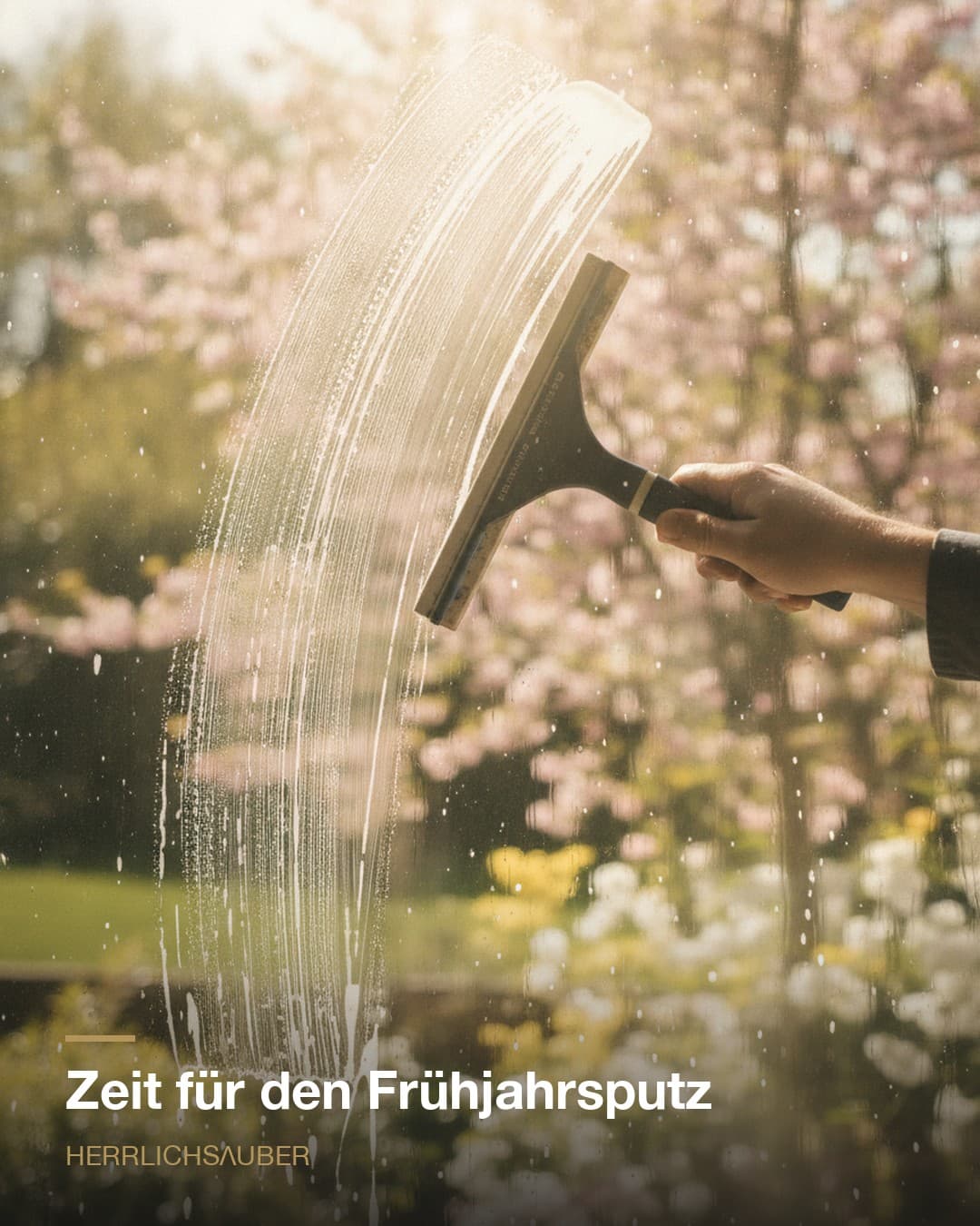 Fensterreinigung mit Abzieher, blühender Garten hinter der Scheibe