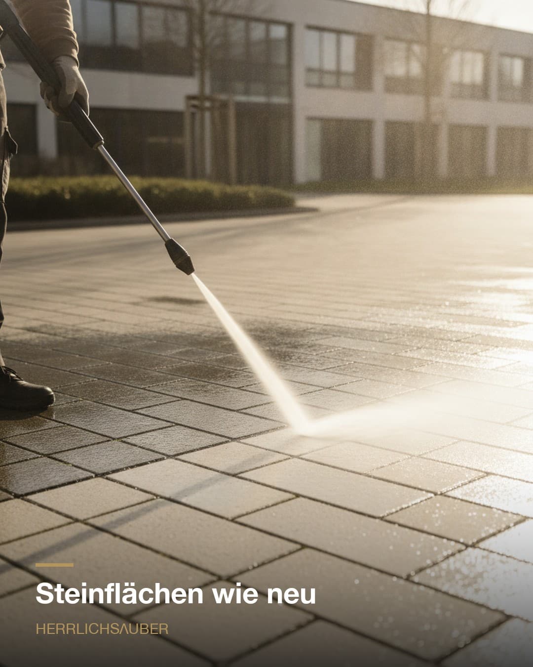 Hochdruckreiniger auf Steinpflaster, scharfe Kante zwischen verschmutzt und sauber