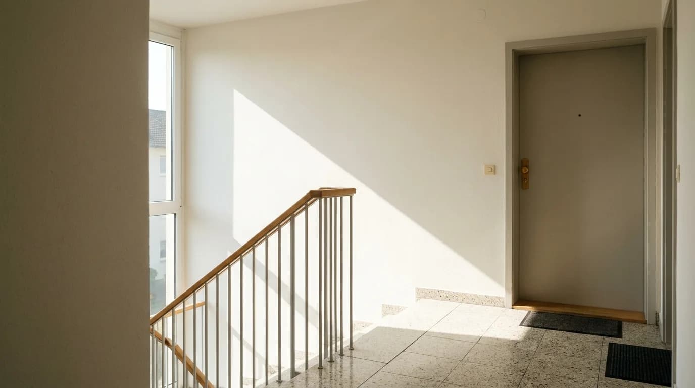 Sonnenlicht faellt durch das Treppenhausfenster auf ein frisch gereinigtes Terrazzo-Podest mit Holzhandlauf und Wohnungstuer