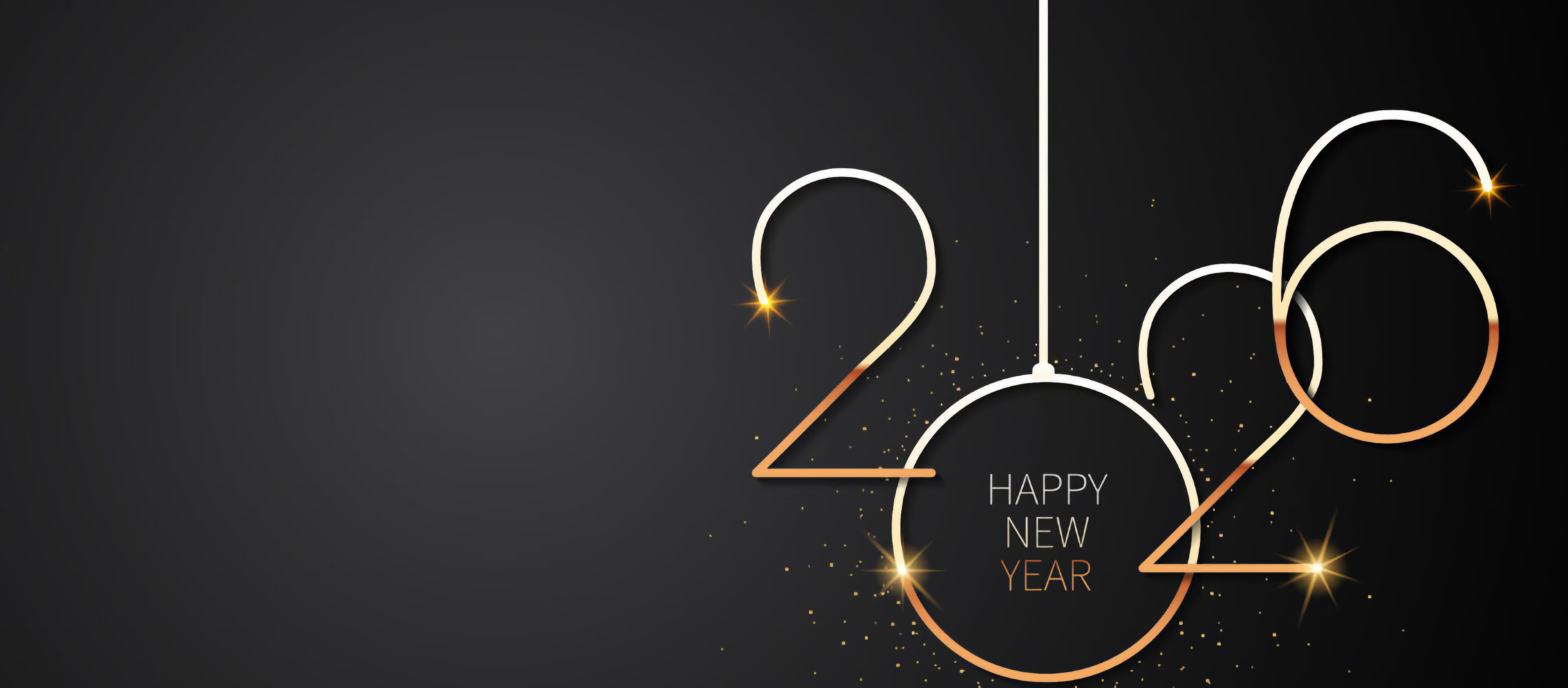 Schwarze Grußgrafik mit goldener Jahreszahl 2026 und dem Schriftzug Happy New Year
