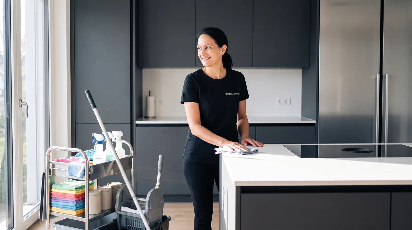 Gereinigte Küche in einem Privathaushalt, Arbeitsplatte und Fronten wischtrocken