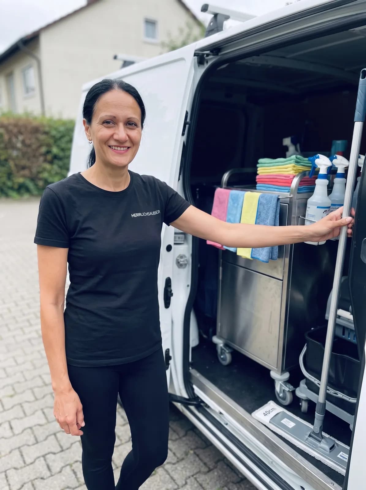 Mitarbeiterin von herrlichsauber am Firmentransporter vor einem Einsatz