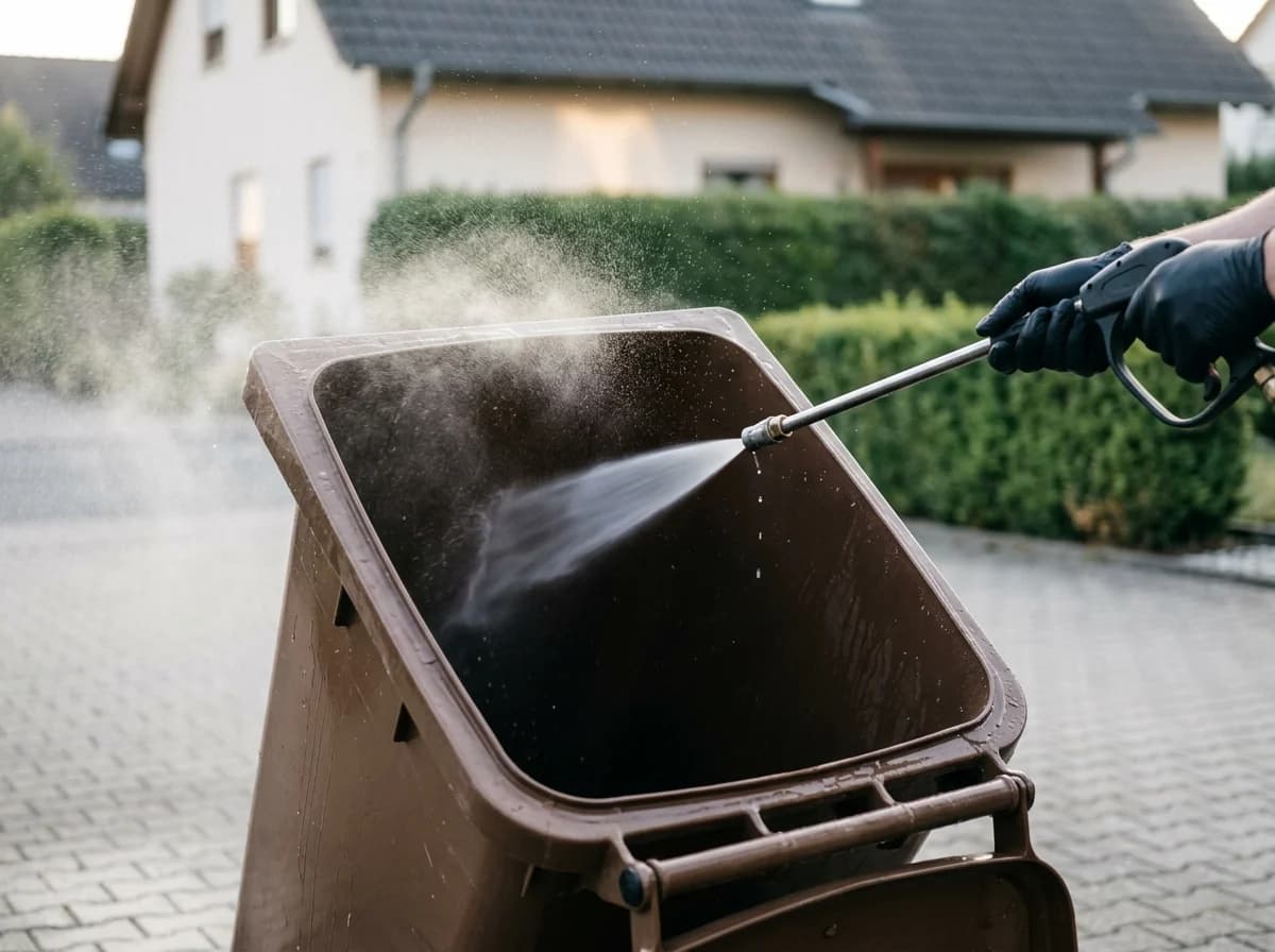Hochdruckreinigung im Inneren einer braunen Biotonne, Wasserstrahl und Sprühnebel